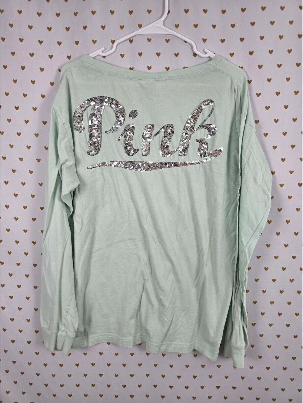 Victorias Secret PINK Mint Bling sequined v neck long sleeve Tee shirt Large